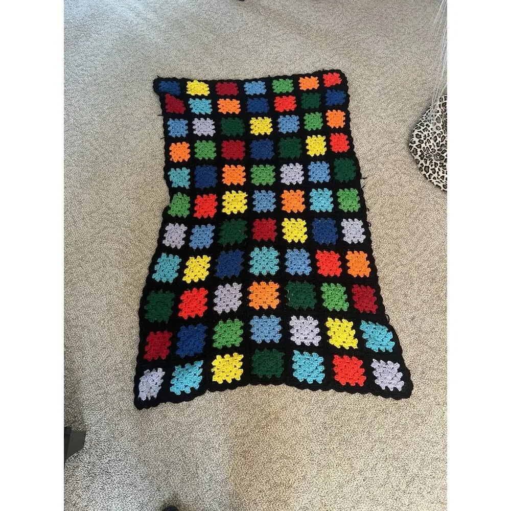 Vintage Multicolor‎ Crochet Granny Square Afghan Throw Blanket 60x36